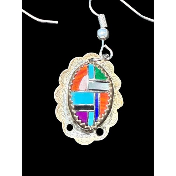 Vtg Sterling Silver Navajo by Dee Morris Multicolor Mosaic Hook Earrings SIGNED - Picture 3 of 7